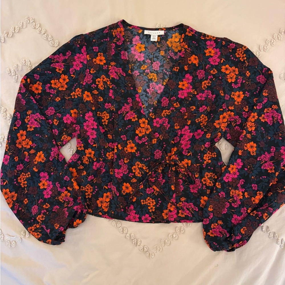 Topshop Floral Blouse - Pink and Orange